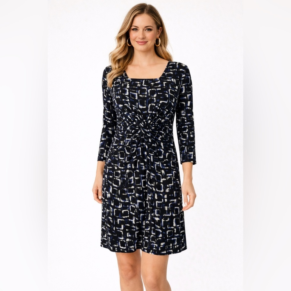 Chaps Ralph Lauren Dress Medium M Blue Ivory Black 3/4 Long Sleeve Washable NEW